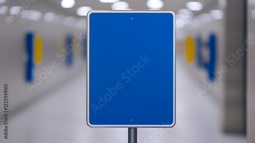 A blank blue sign stands in a well-lit corridor, surrounded by abstract shapes and colors, creating a minimalist yet striking visual.