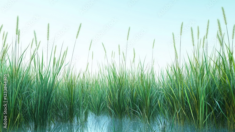 Fototapeta premium Serene marsh landscape with tall reeds and grass against a clear sky providing ample empty space for text or design elements.