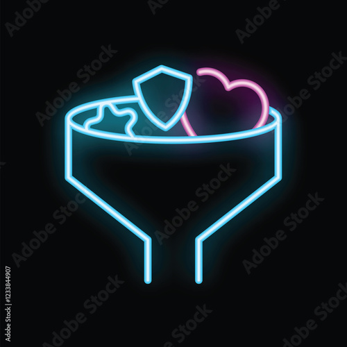 Neon funnel filtering heart, star, and shield icons representing lead conversion, marketing, and sales funnel concepts