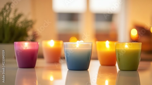 Colorful candles illuminating a cozy setting creating a warm festive atmosphere with soft tealight glow and gentle ambiance photo