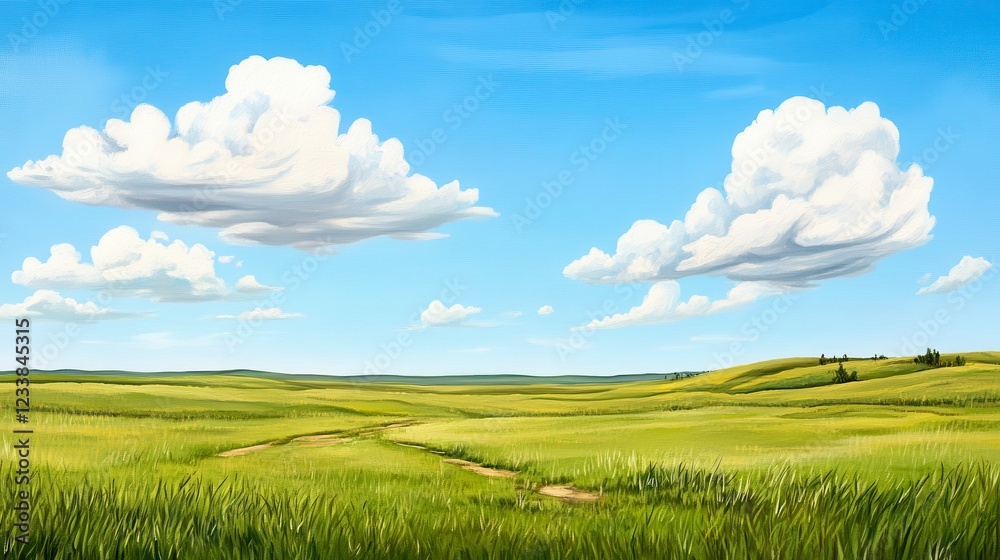 Obraz premium Serene Green Meadow Under a Bright Blue Sky with White Clouds