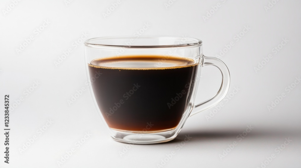 A transparent glass cup filled with rich, dark coffee, placed on a plain white background A transparent glass cup filled with rich, dark coffee, placed on a plain white background