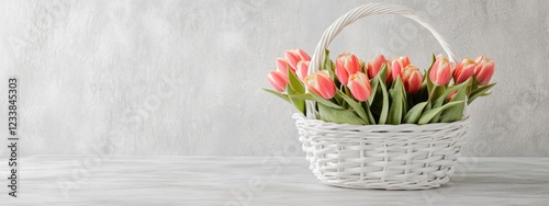 Basket of colorful tulip flowers on a neutral background with ample space for text or graphic overlays ideal for spring or floral promotions