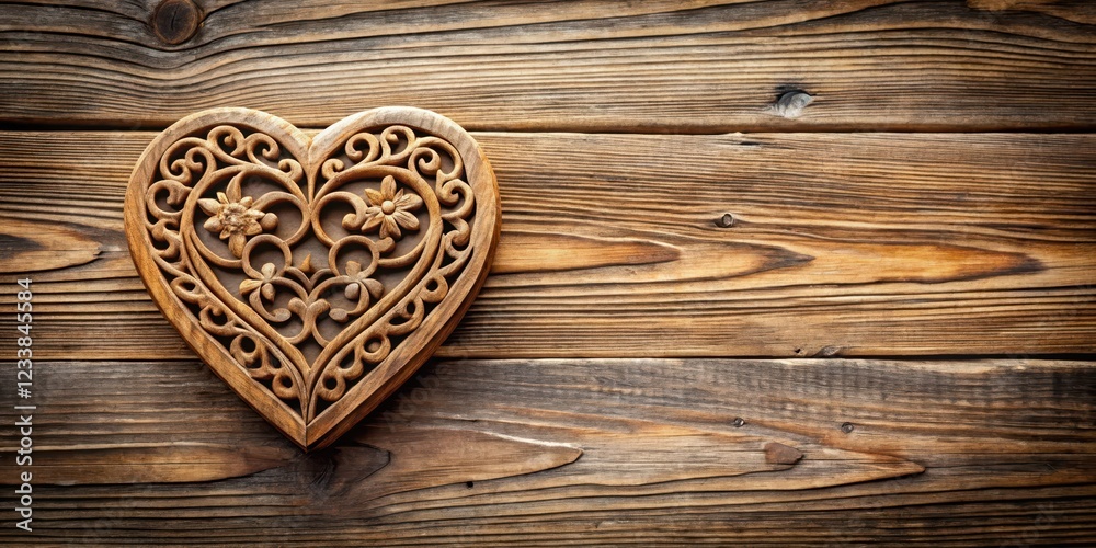 Heart-shaped wooden decorative item with intricate carvings on a rustic wooden background, romantic Heart-shaped wooden decorative item with intricate carvings on a rustic wooden background, romantic