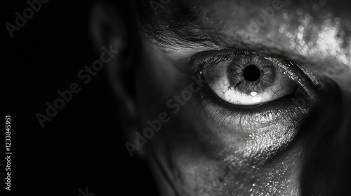 Intense close-up of a fearful eye conveying deep emotion and vulnerability against a dark, shadowy backdrop symbolizing inner struggles. photo