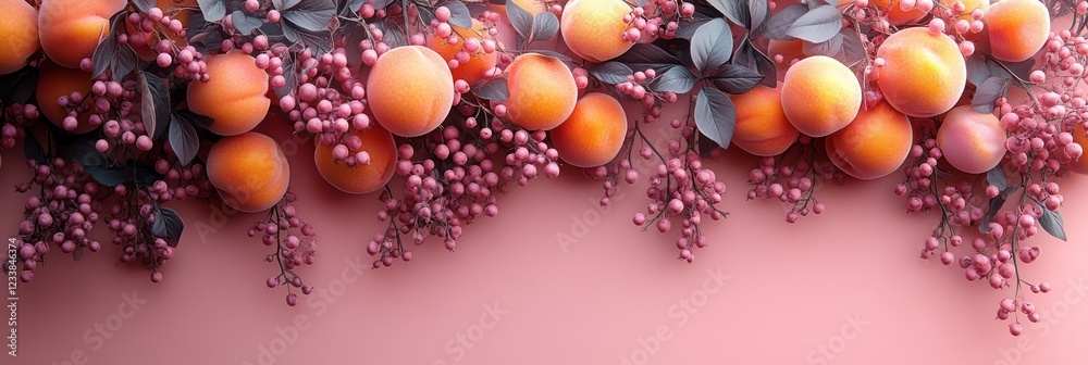 Fototapeta premium Peachy Pink Paradise: A Still Life of Ripe Peaches and Berries