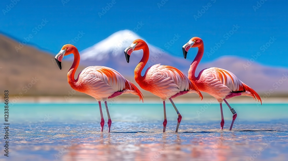 Fototapeta premium Three Colorful Flamingos Standing in Shallow Water with Mountains
