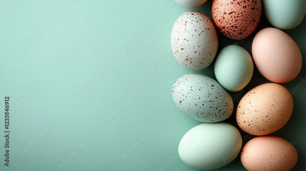 Pastel colored eggs arranged on a soft green background with ample empty space for text or decoration. Perfect for seasonal design projects. Pastel colored eggs arranged on a soft green background with ample empty space for text or decoration. Perfect for seasonal design projects.