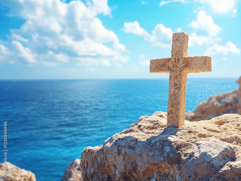 Stone cross stands on rocky cliff overlooking the sea under a bright blue sky with clouds Stone cross stands on rocky cliff overlooking the sea under a bright blue sky with clouds