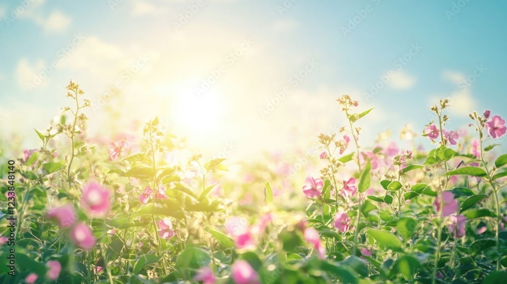 Vibrant climbing bean plants blooming under sunlight at an eco farm with clear blue sky and empty space for text at the top. Vibrant climbing bean plants blooming under sunlight at an eco farm with clear blue sky and empty space for text at the top.
