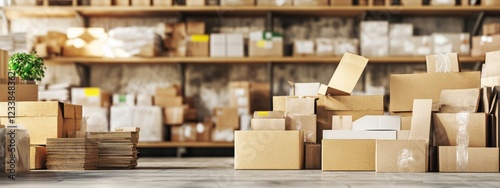 Wallpaper Mural Warehouse filled with stacked recycled cardboard boxes and packages with ample empty copy space for text and branding opportunities. Torontodigital.ca