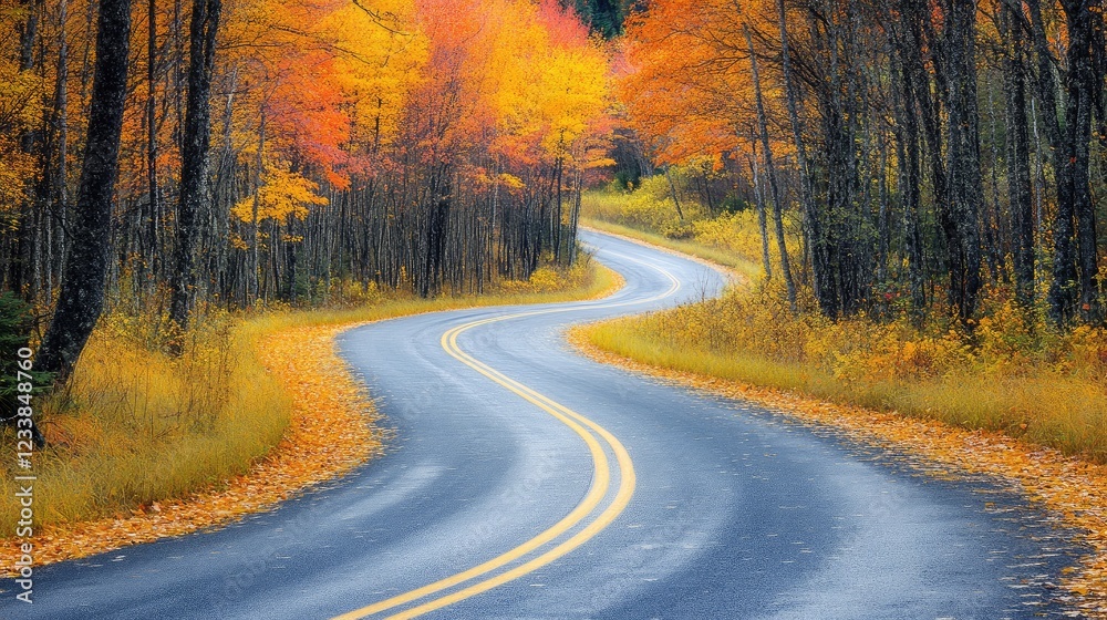 Fototapeta premium Winding road lined with vibrant autumn trees showcasing colorful foliage in a serene forest landscape