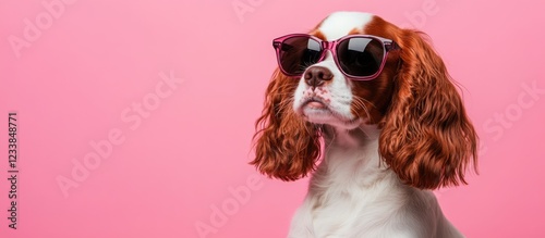 Cavalier King Charles Spaniel wearing sunglasses on a vibrant pink background with empty space for personalized text or branding photo