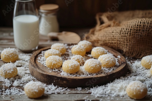 Beijinho coconut sweets arranged on a rustic wooden platter, sprinkled with shredded coconut, with a glass of milk and burlap fabric in a cozy farmhouse setting photo