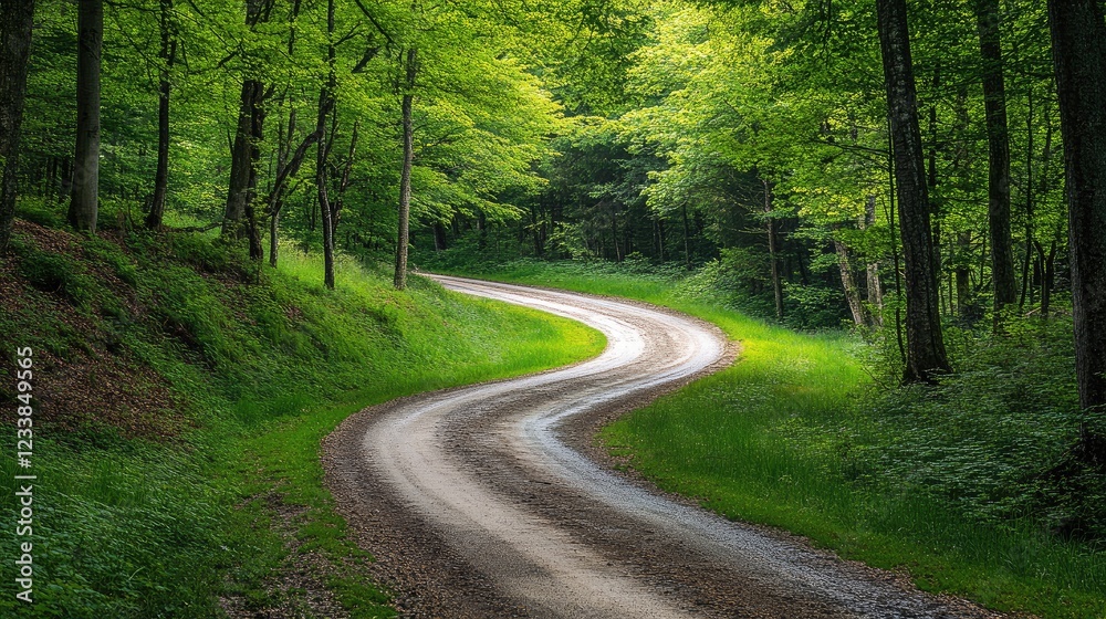Obraz premium Winding dirt road through a vibrant green forest surrounded by lush trees and tranquil natural scenery