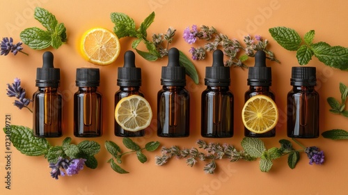 Top view of essential oil bottles arranged with fresh herbs and citrus slices on a vibrant orange background for natural wellness themes photo