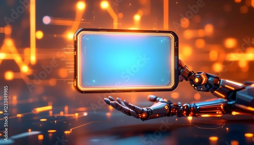 A robotic hand holds a vibrant screen displaying advanced technology and innovation