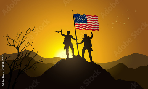 United States flag, silhouette of two climbers holding a flag at sunset over the mountain