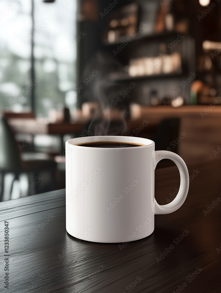 White Ceramic Coffee Mug with Steam in a Cozy Cafe Setting White Ceramic Coffee Mug with Steam in a Cozy Cafe Setting