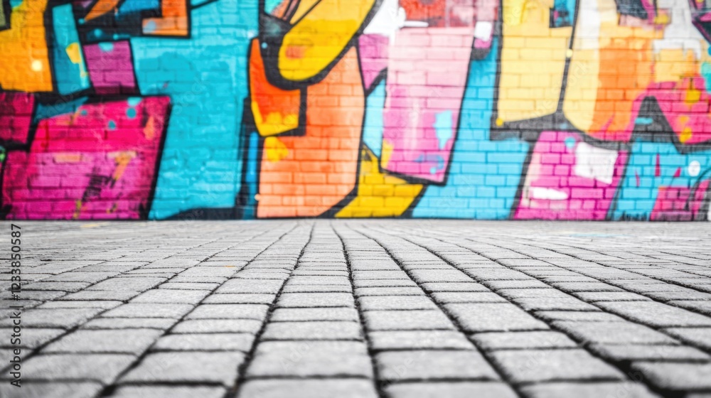 Fototapeta premium Colorful Urban Mural on Brick Wall with Paved Ground and Blank Area for Text Overlay