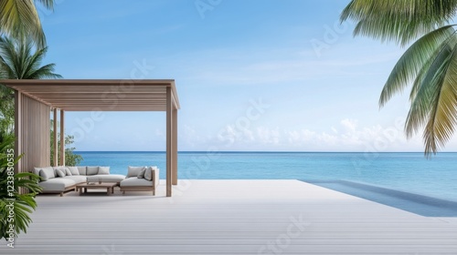 Modern coastal retreat with wooden deck, tropical palm trees, and serene ocean view under blue sky