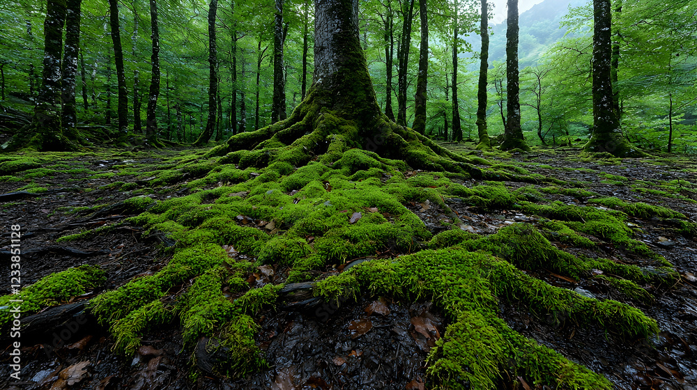 Obraz premium Mossy tree roots in lush green forest; nature background for websites