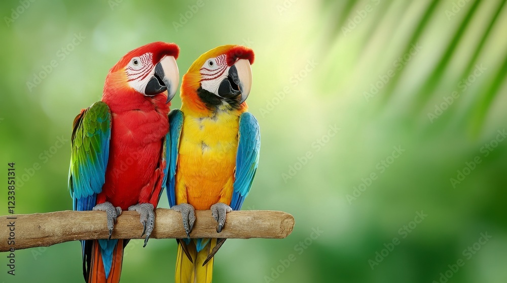 Obraz premium Colorful Parrots Sitting Together on a Branch in a Tropical Setting