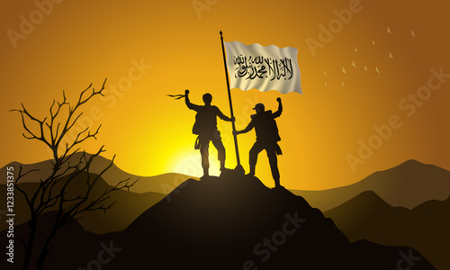 Afghanistan flag, silhouette of two climbers holding a flag at sunset over the mountain