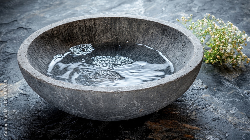 Elegant gray concrete basin with water, natural organic vessel showcasing serene simplicity and inviting space for text or design elements. Elegant gray concrete basin with water, natural organic vessel showcasing serene simplicity and inviting space for text or design elements.