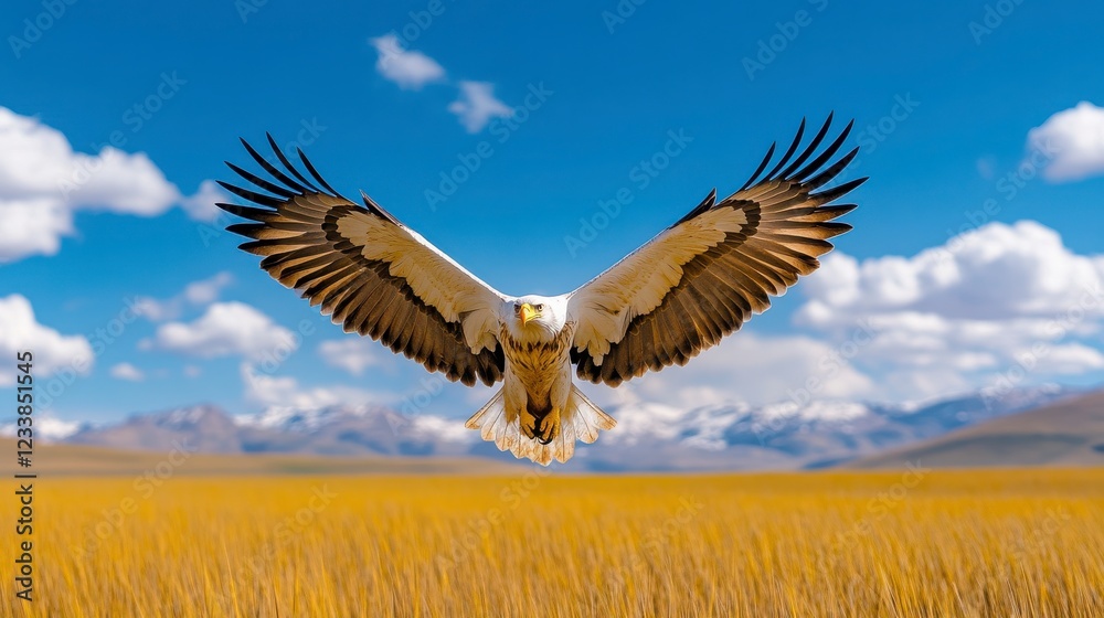 Naklejka premium Majestic Eagle Flying Over Golden Wheat Field With Scenic Background