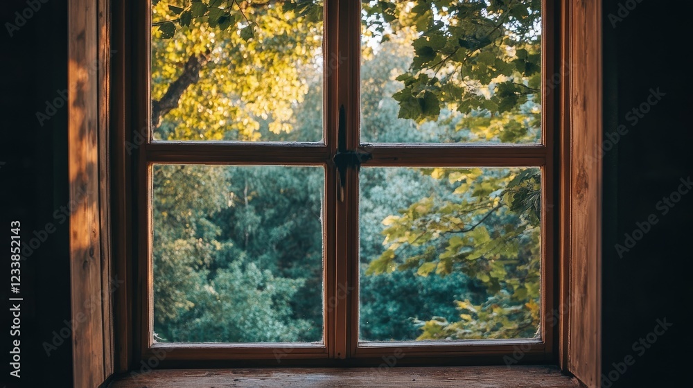 Naklejka premium Serene Window View Showcasing Lush Greenery Emphasizing Nature and Environmental Conservation Efforts Through a Natural Frame