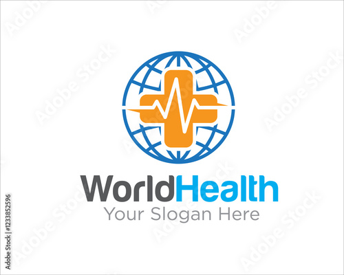 world health with cross and cardiograph logo designs for medical service