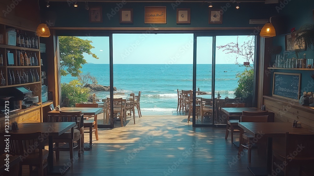 Fototapeta premium Coastal Cafe: Ocean View Restaurant
