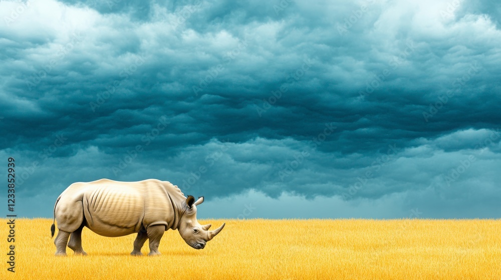 Fototapeta premium Majestic Rhinoceros Standing in a Golden Field Under Dark Clouds