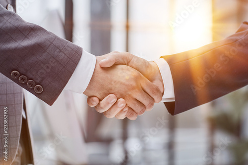 Building a strong business network. two businessmen shaking hands in a modern office.
