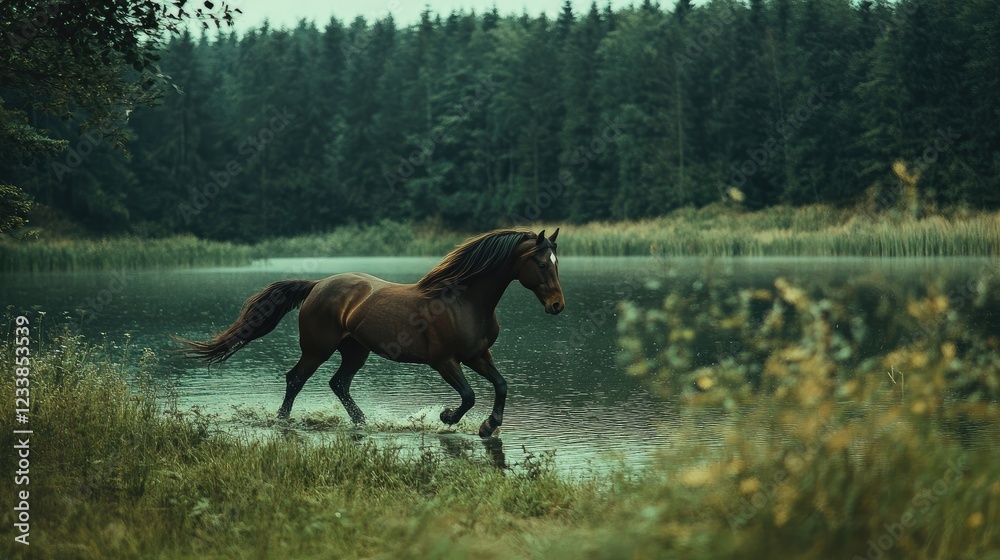 Majestic brown stallion running alongside tranquil forest lake in serene natural landscape