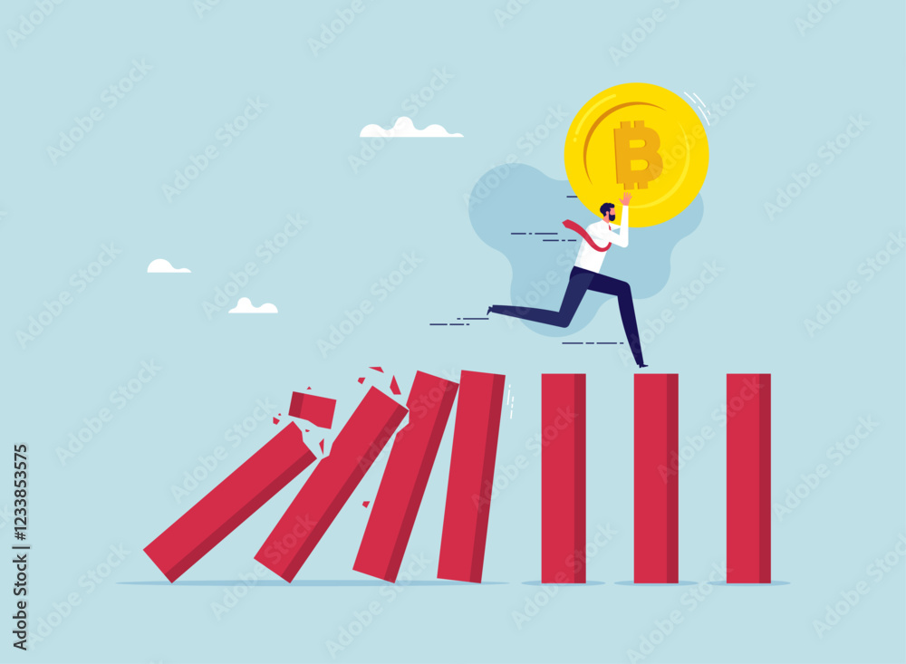 Cut loss from Bitcoin and cryptocurrency collapse, Entrepreneur investor holding bitcoin hurrying to escape collapsing domino effect Cut loss from Bitcoin and cryptocurrency collapse, Entrepreneur investor holding bitcoin hurrying to escape collapsing domino effect
