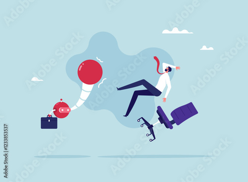 Robot employee kicks away a human worker from job at office, future concept, artificial intelligence or AI replaces human work