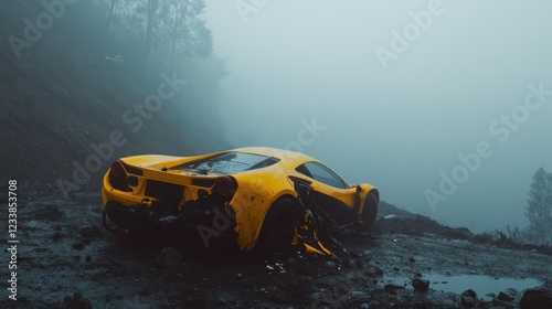 A real picture of a saffron yellow sports car falling on the edge of a foggy ravine where both wheels have fallen off the ravine