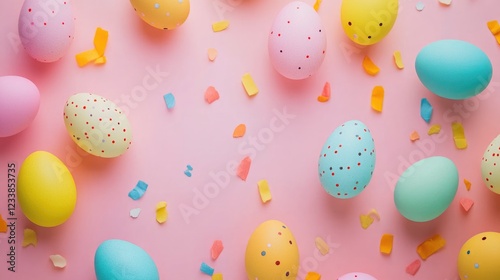Colorful Easter Eggs on Pink Background with Decorative Confetti and Empty Copyspace for Text