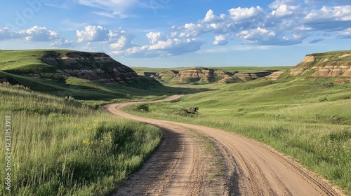 Serene winding dirt road amidst lush rolling hills and vibrant greenery under a clear blue sky showcasing natural beauty and tranquility photo