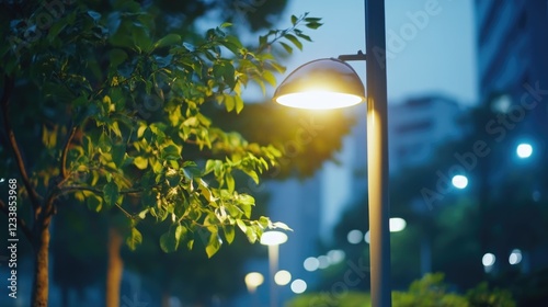Eco-Friendly Street Lighting Illuminating a Lush Urban Landscape at Dusk with Copy Space for Text