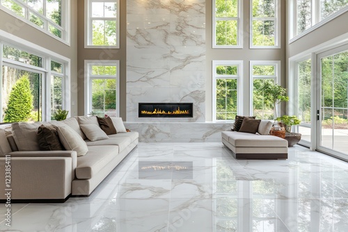 High-end living room design featuring polished marble floors, plush seating, and a statement fireplace.