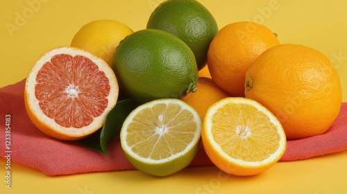 Citrus Fruits Displayed on Bright Yellow Surface Fresh and Healthy Summer Vibes photo