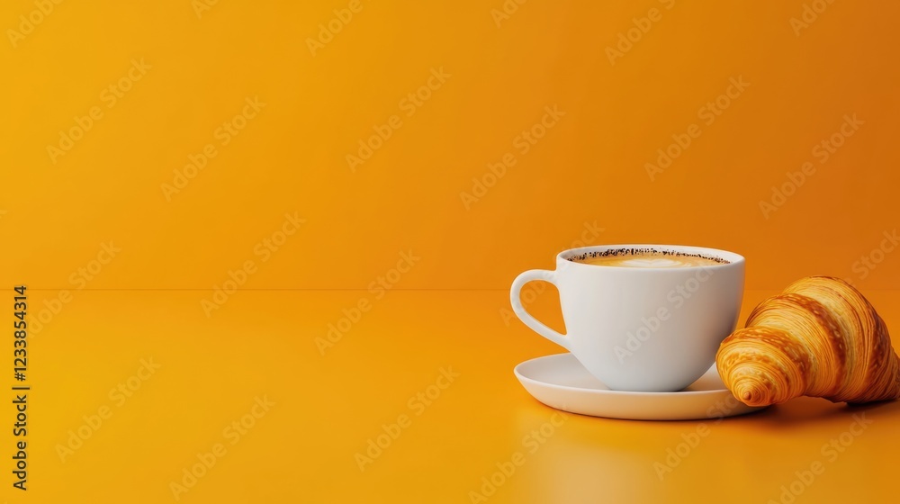 Obraz premium Delicious coffee and croissant on a vibrant orange background with ample copyspace for text or design elements