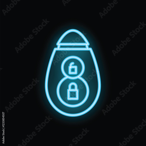 Blue neon icon of a car key with its lock and unlock buttons on a black background