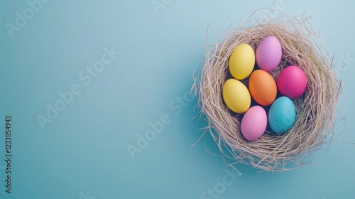Colorful Easter Eggs Nest with Copyspace for Text on Blue Background Celebrating Spring and Holiday Traditions