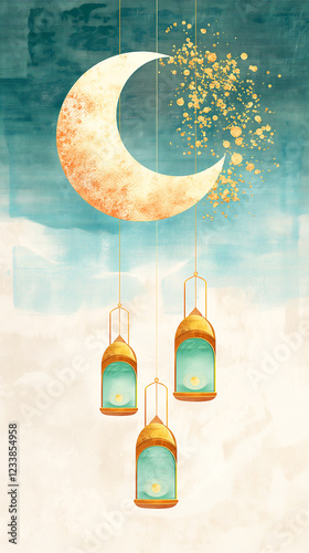 Ramadan design featuring a golden-framed crescent and teal-accented lanterns on a cream-sienna gradient