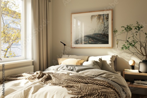Bedroom interior with picture frame furniture painting cushion.