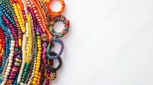 Colorful Handcrafted Bracelets Arrange on White Background with Copyspace for Creative Text or Product Promotion photo